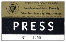 Texas Welcome Dinner Press Pass From the Night of John F. Kennedys Assassination